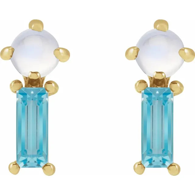 14K Yellow Gold Natural Moonstone & Natural Swiss Blue Topaz Earrings