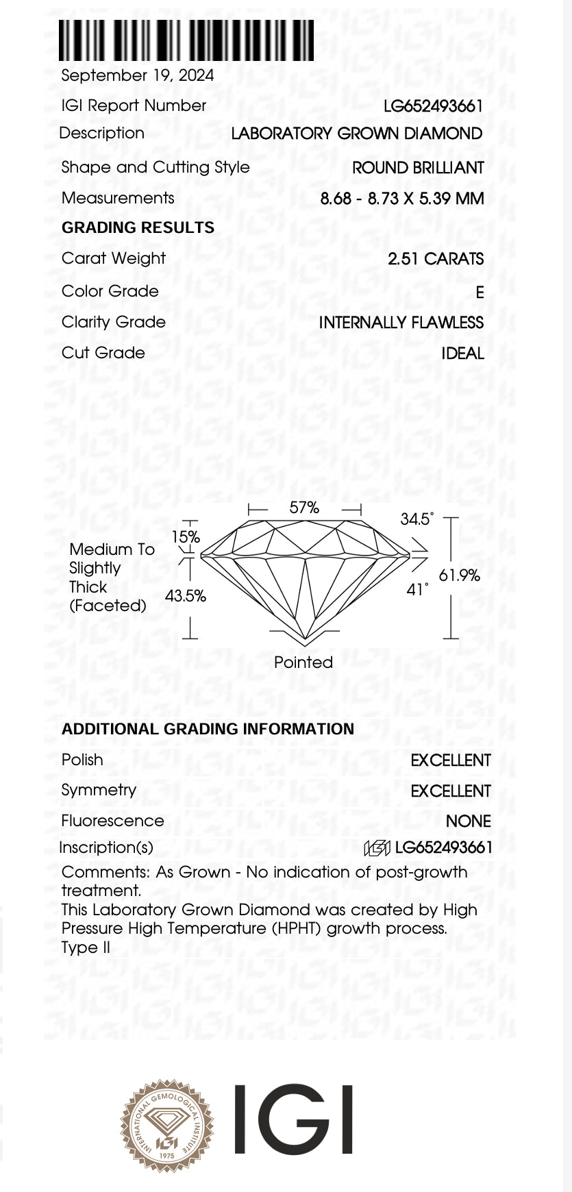 3.01 Carat Round Lab Grown Diamond, Color E , IDEAL FLAWLESS,LG684502634