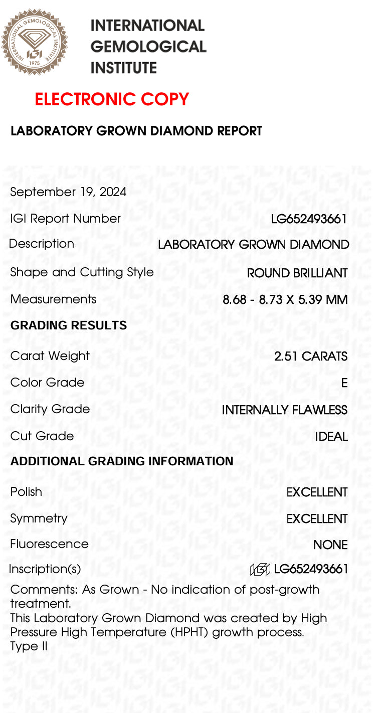 3.01 Carat Round Lab Grown Diamond, Color E , IDEAL FLAWLESS,LG684502634