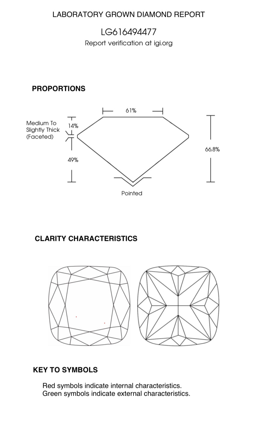 2.03 Lab Cushion Cut Diamond , Color G , Clarity VS2 Excellent and Excellent ,