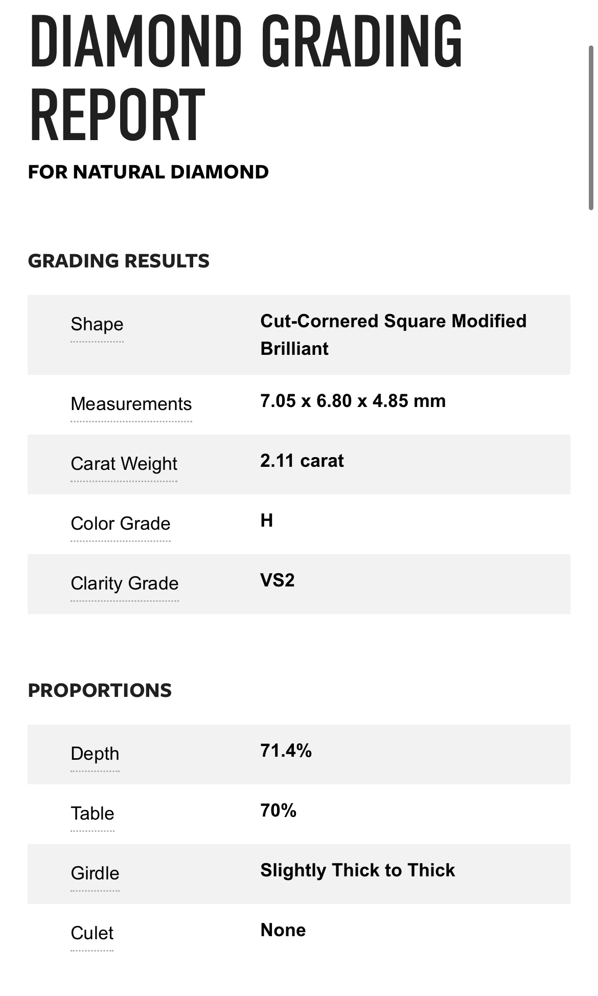 2.11 carat natural Radiant Cut Diamond Color H , Clarity VS2 , GIA 3145827287