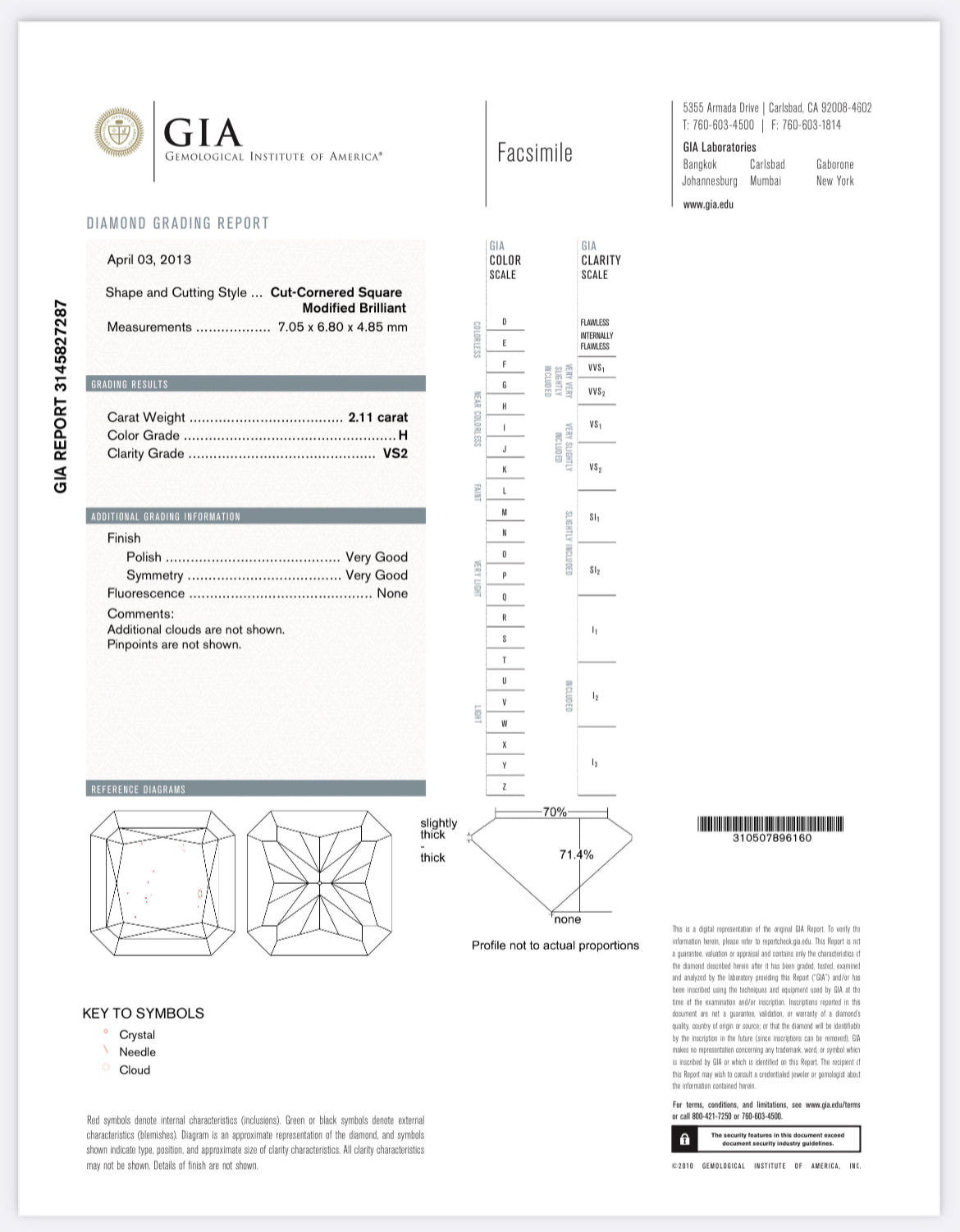 2.11 carat natural Radiant Cut Diamond Color H , Clarity VS2 , GIA 3145827287