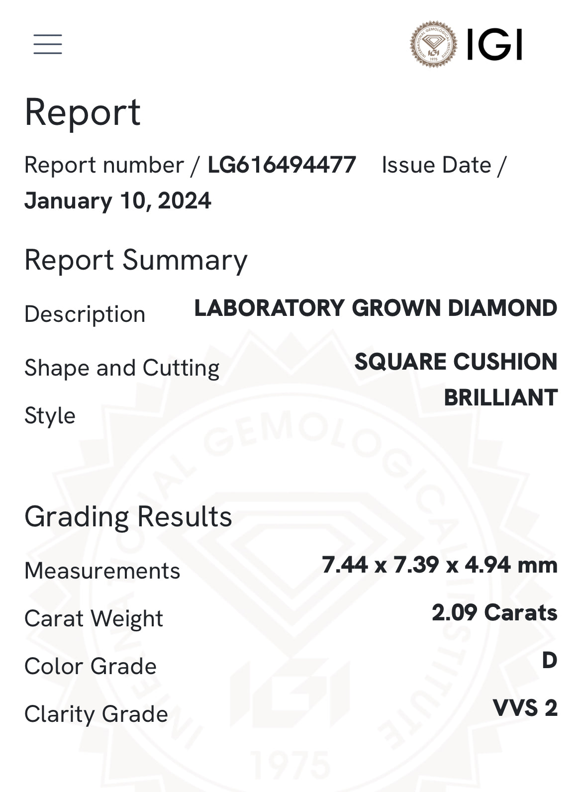 2.09 Lab Cushion Cut Diamond , Color D , Clarity VVS2 Excellent and Excellent , Certificate IGI 616494477