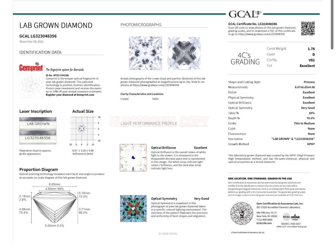 1.76 Lab Grown Princess Cut Diamond , Color D , Clarity VS1 -GCAL LG323048356 + Triple Excellent