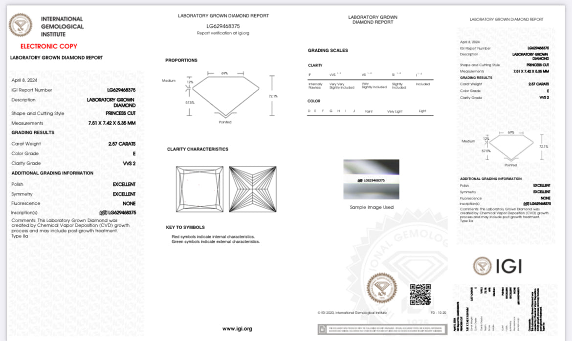 2.57 Lab Grown Princess Cut Diamond , Color E , Clarity VSS2 - LG629468375 - EXCELLENT EXCELLENT