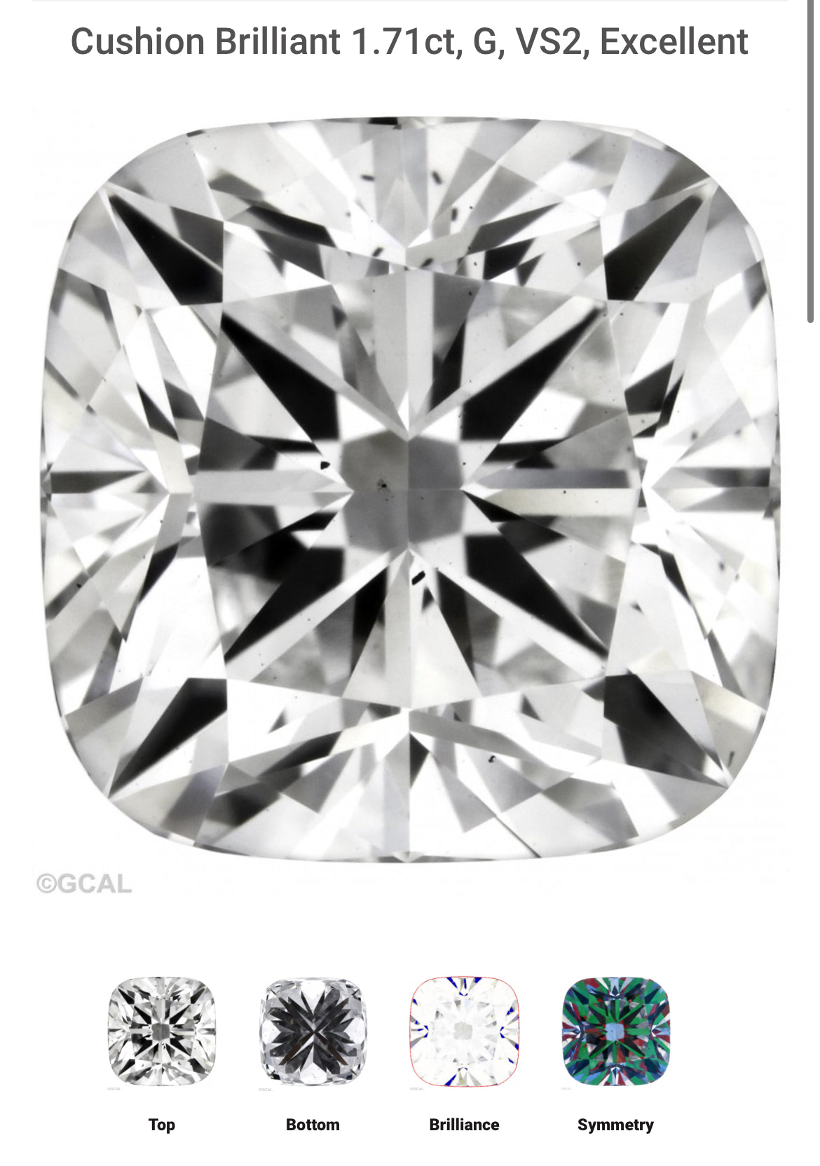 1.71 Lab Cushion Cut Diamond , Color G , Clarity VS2 Excellent and Very Good , Certificate GCAl300620074