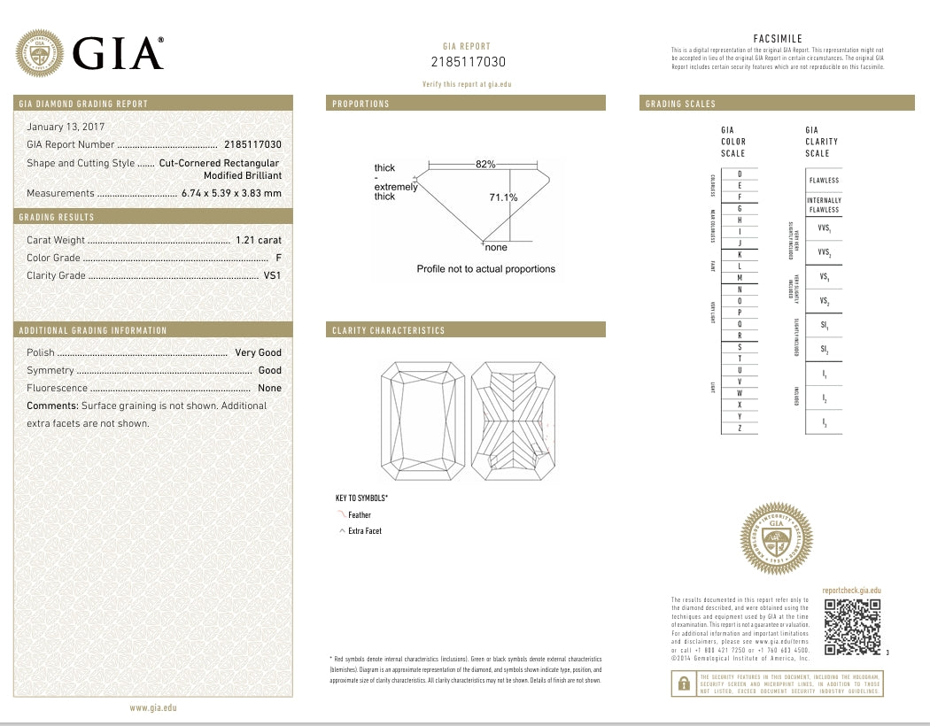 1.21 carat Radiant Cut Color F, Clarity VS1, GIA Certified 2185117030