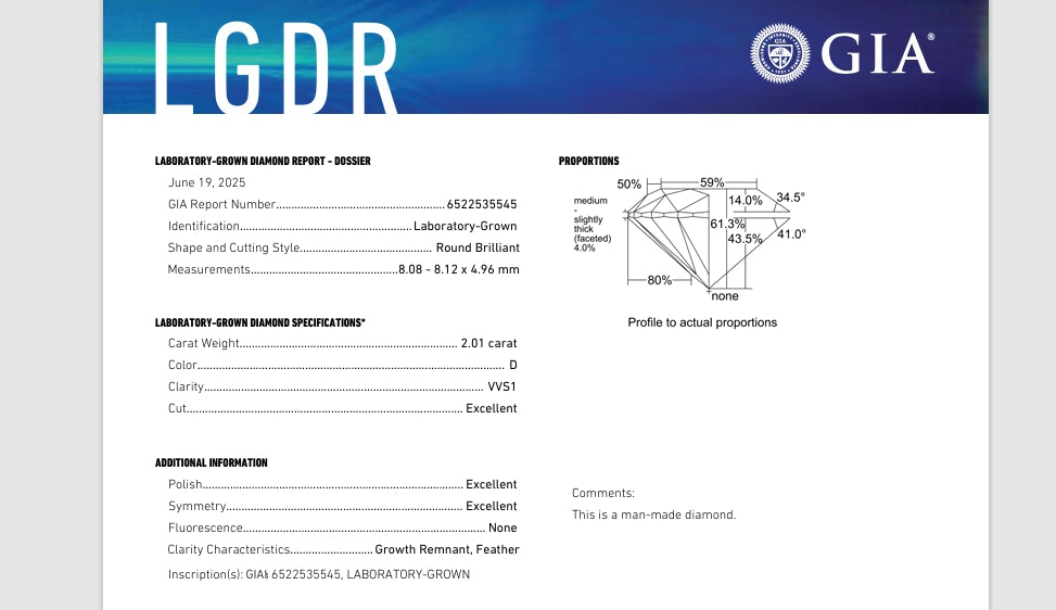 2.01 Carat Round Lab Grown Diamond Color D, Clarity VVS1 , Triple Excellent GIA