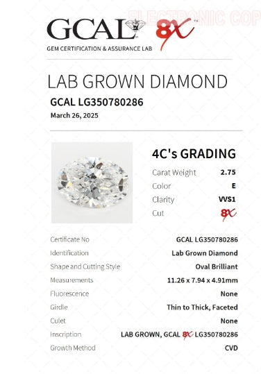 OVAL 2.75 Carat Lab Grown Diamond, Color E, Clarity VVS1, EXCELLENT LG350780286