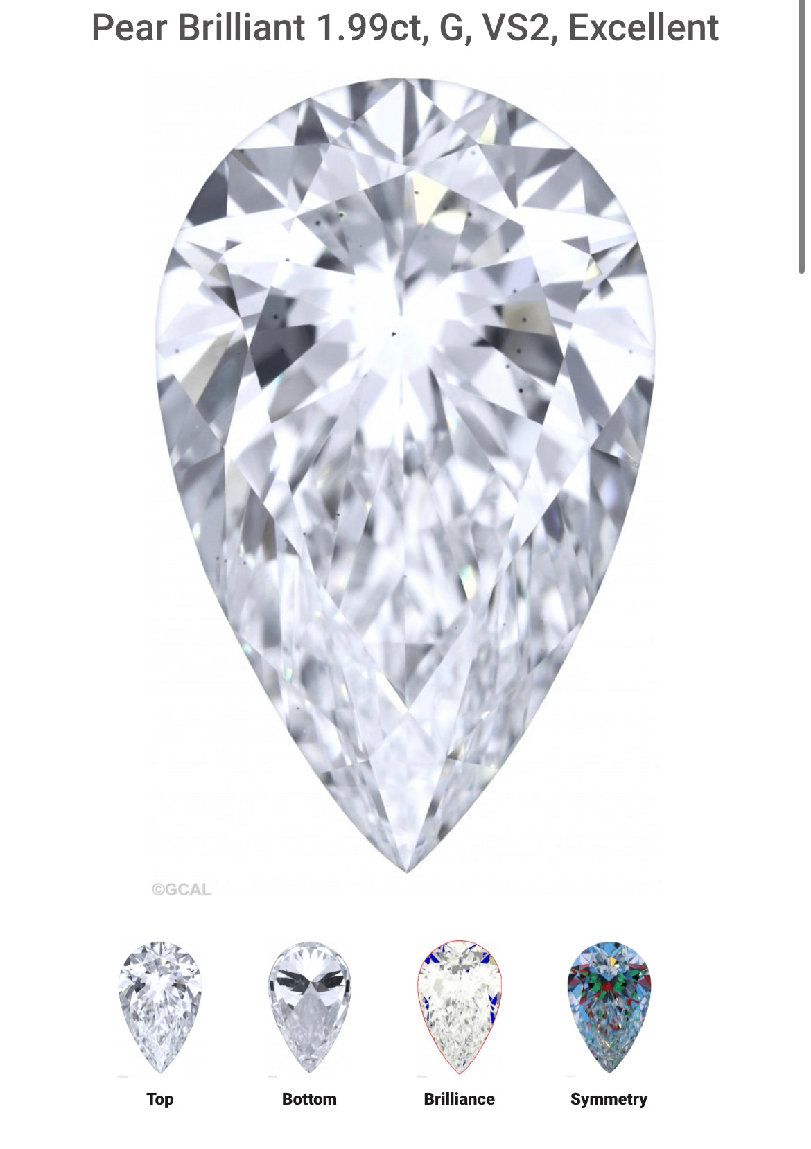 PEAR 1.99 Lab Grown Diamond , Color G , Clarity VS2, GCAL Certificate LG330041493