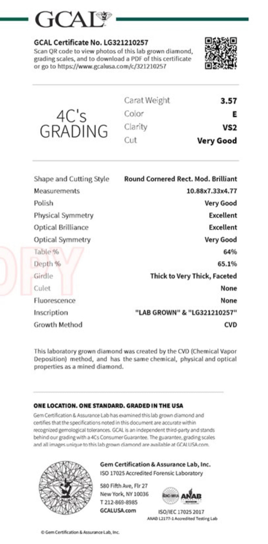 CRISS CUT CUSHION 3.57 Carat Lab Grown Diamond , Color E , Clarity VS2 , GCAL 321210257