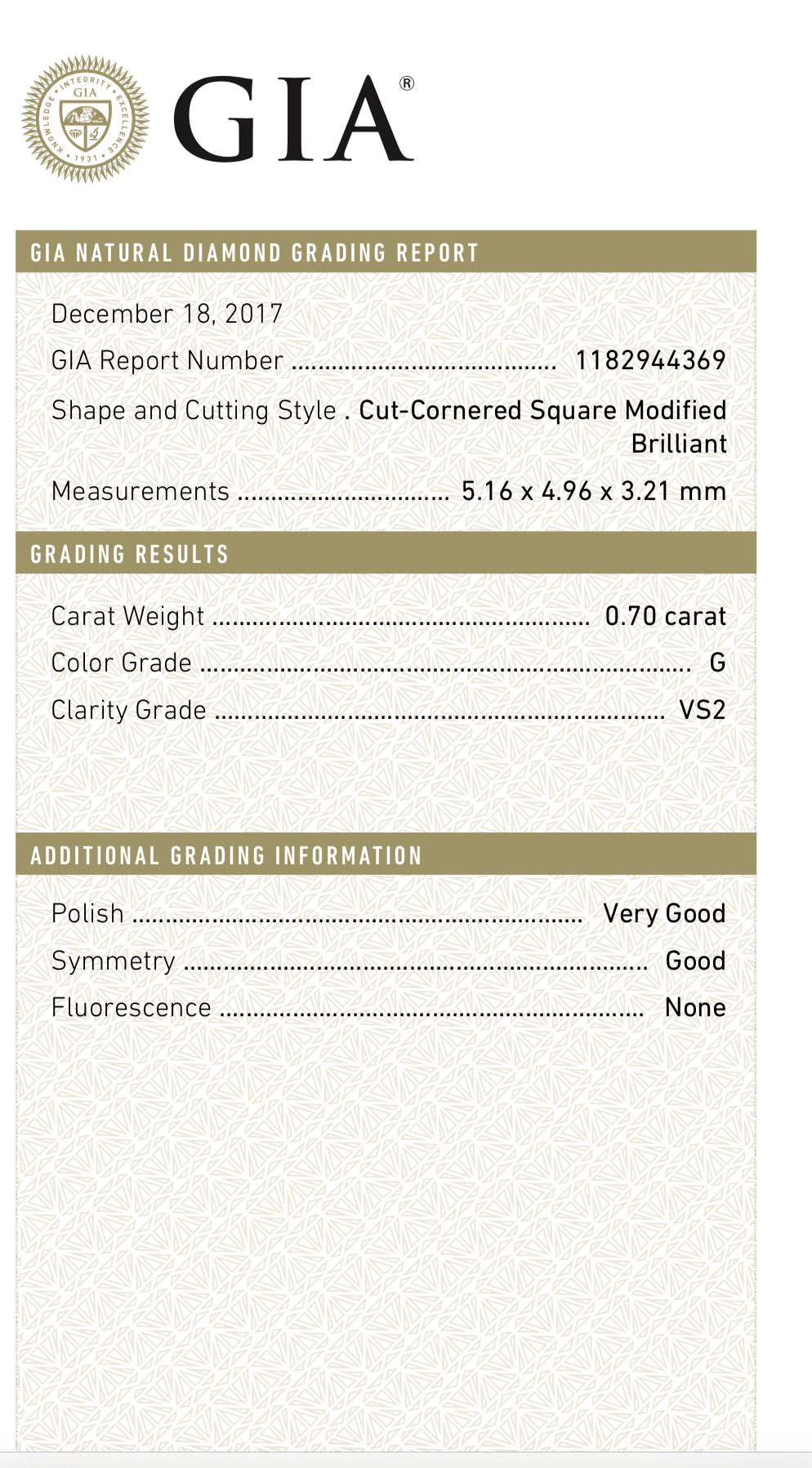 .70 carat Radiant Cut Color G, Clarity VS2 GIA Certified 1182944369
