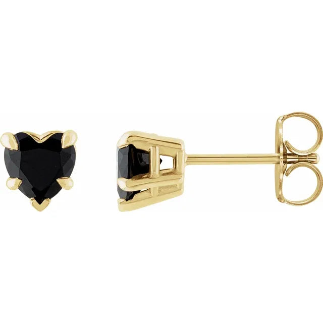 14K Yellow Gold Heart Black Onyx Stud Earrings