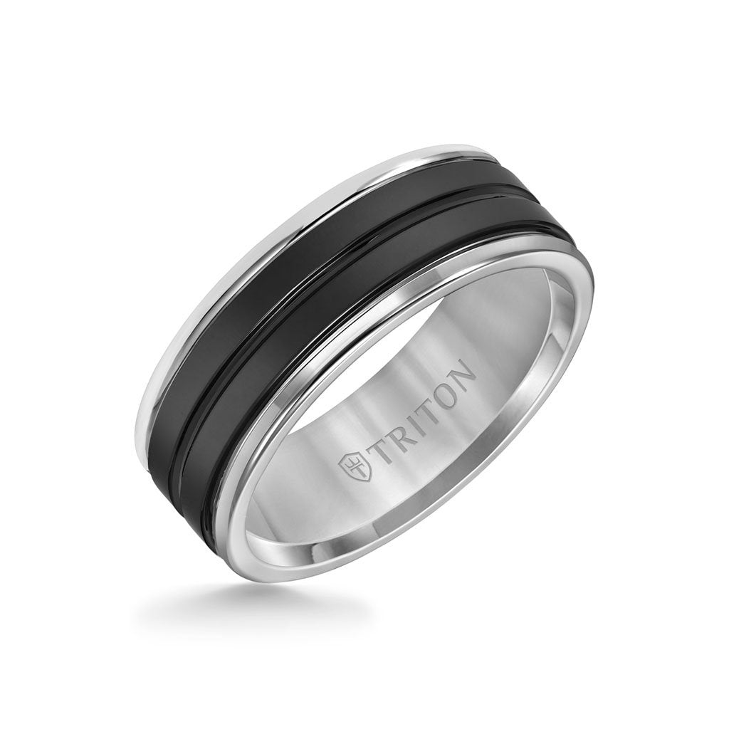 8mm Triton Tungsten Black Ceramic Ring with Tungsten Round Edge