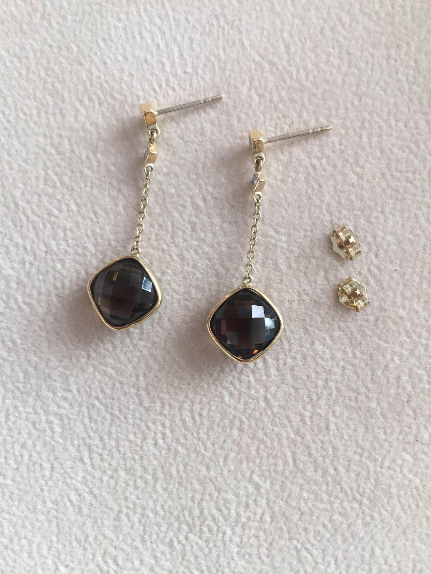 14K Yellow Gold Earrings Checkerboard Cut Smoky Quartz & .05ct Diamond