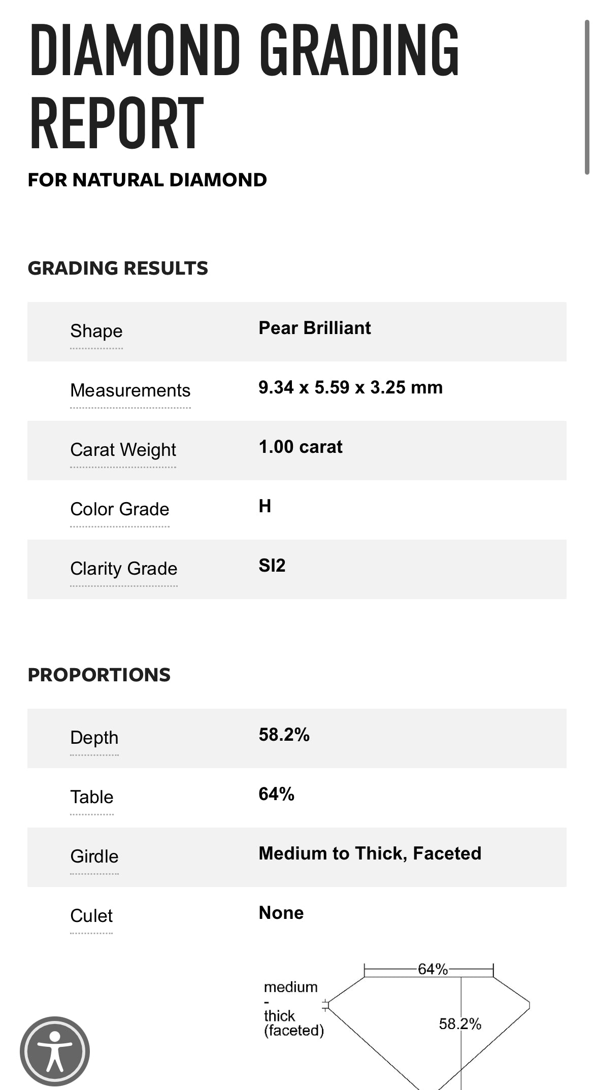 1.00 Carat Pear Shape Diamond H, SI2 , GIA Certified 6204496875