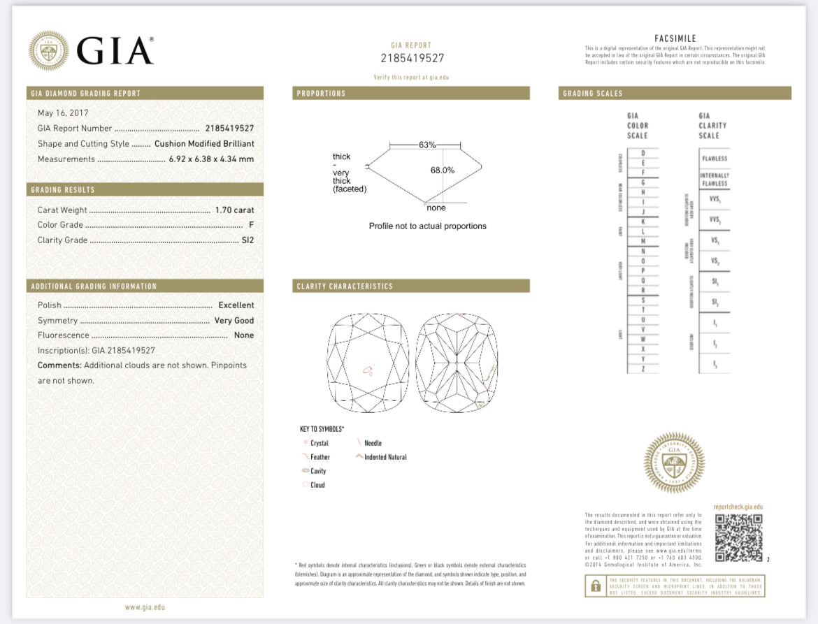 1.70 Carat Cushion Cut Diamond F , SI2 , GIA Certified 2185419527