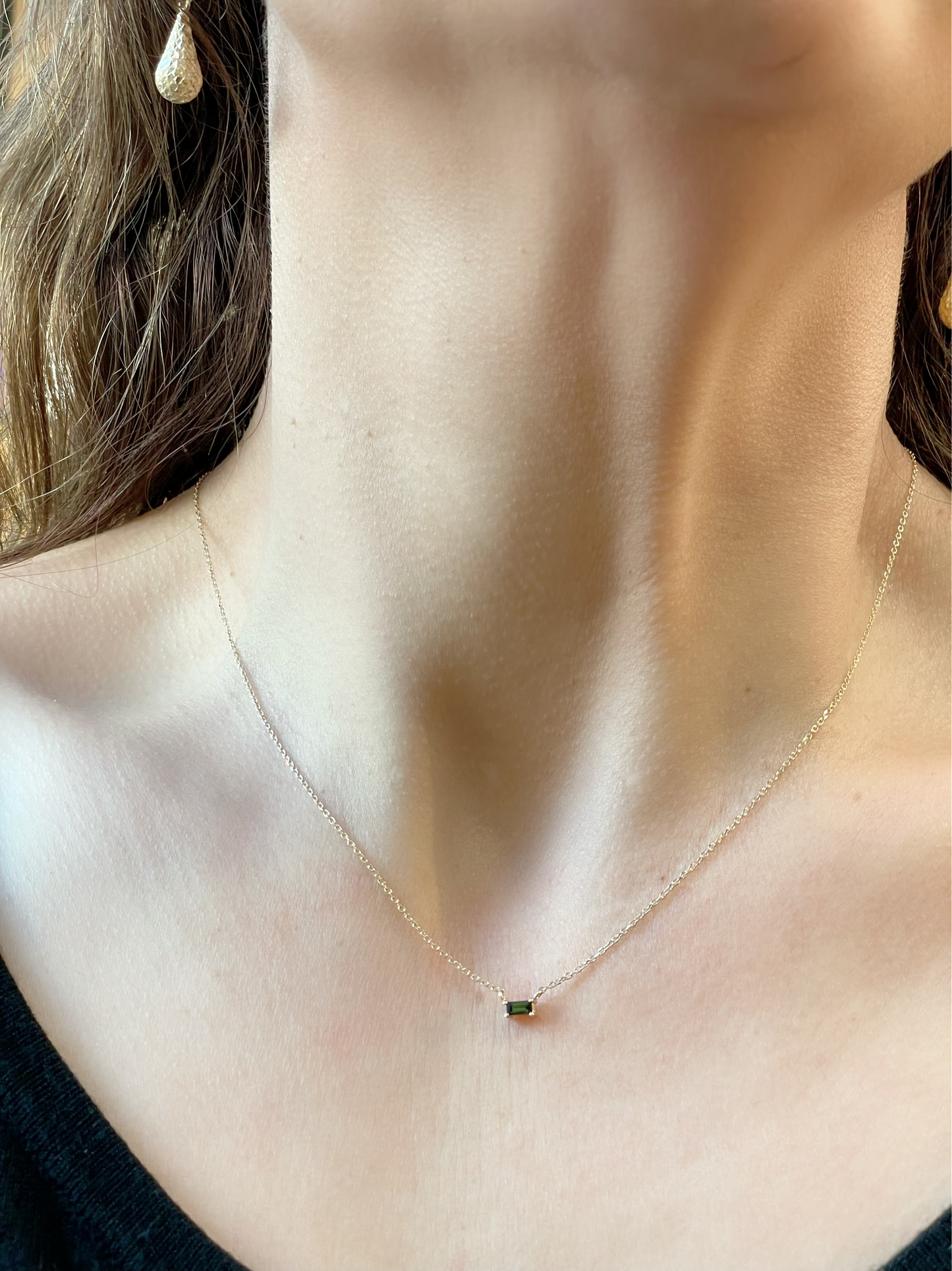 Tiny 14K Yellow Gold Natural Green Tourmaline Solitaire, comes with 18" Necklace