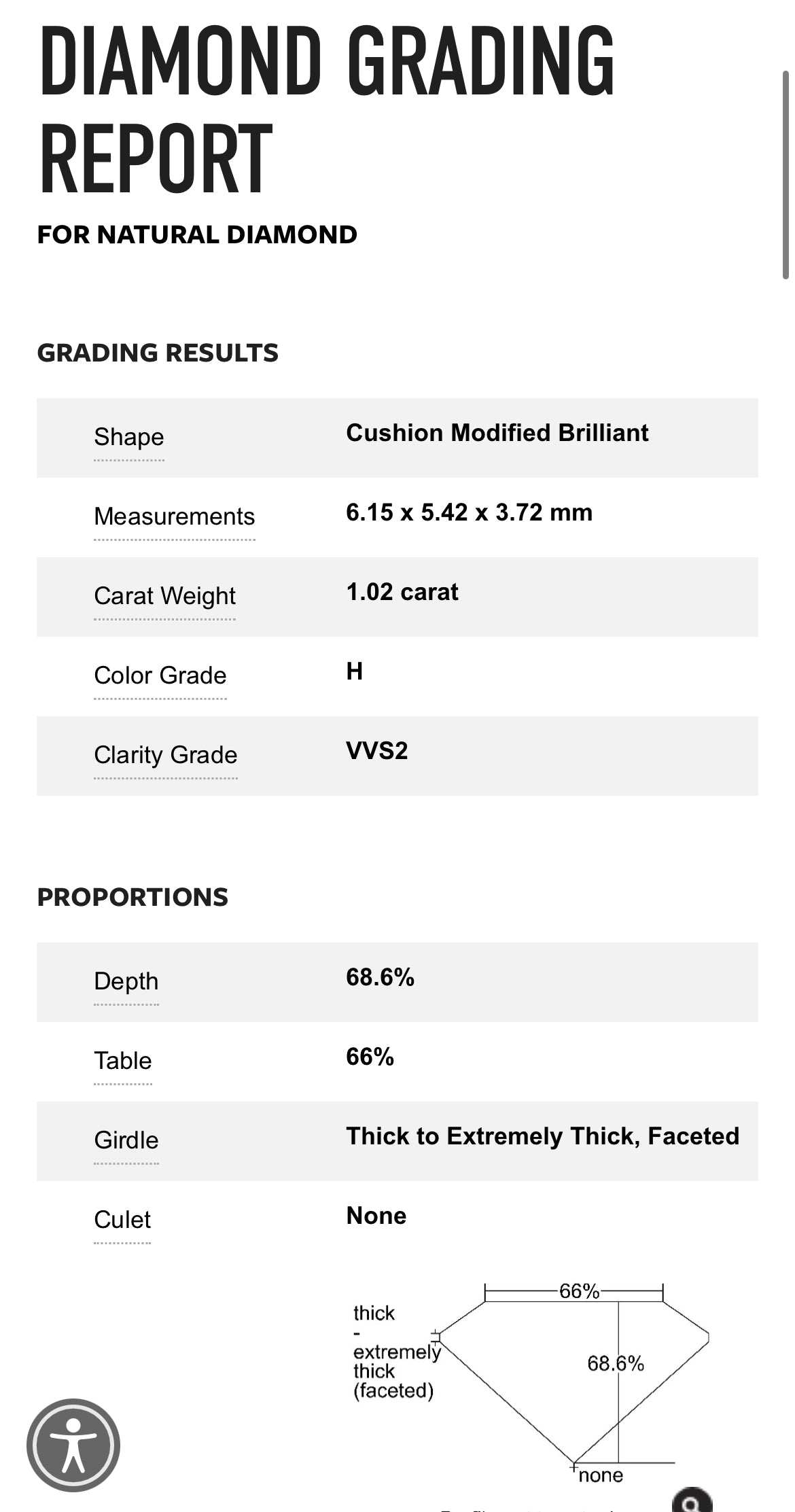 1.02 Carat Cushion Cut Diamond H , VVS2 , GIA Certified 5222353137