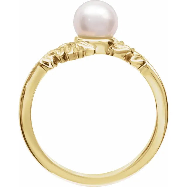 14K Yellow Gold Ring with Cultured White Akoya Pearl - Size 7
