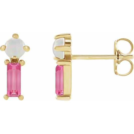 14K Yellow Natural White Opal & Natural Pink Tourmaline Earrings