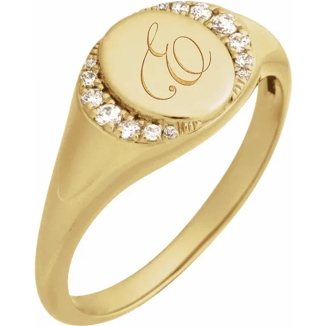 14K Yellow Gold Engravable 1/10 CTW Natural Diamond Signet Ring, Ring Size 7