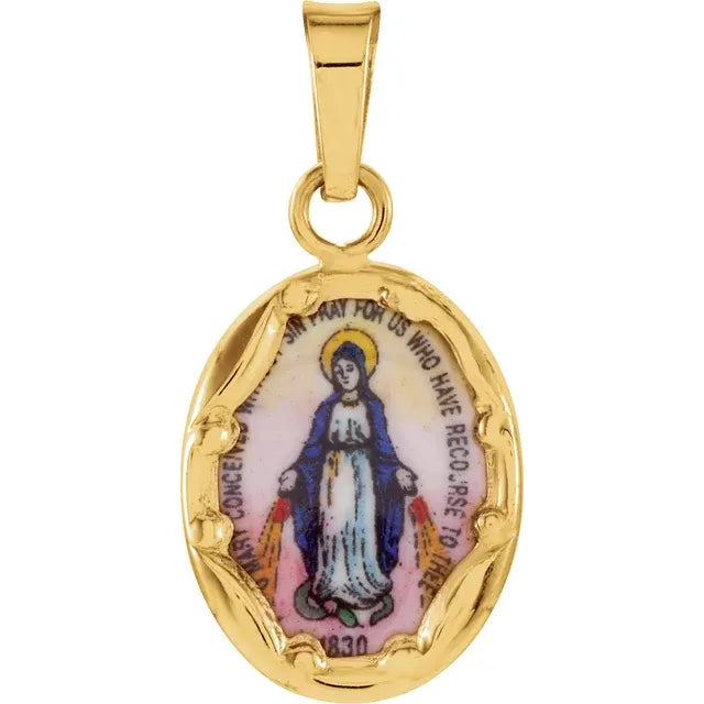 14K Yellow Gold Hand Painted Porcelain Miraculous Medal Size 13x10 mm - Made in Italy