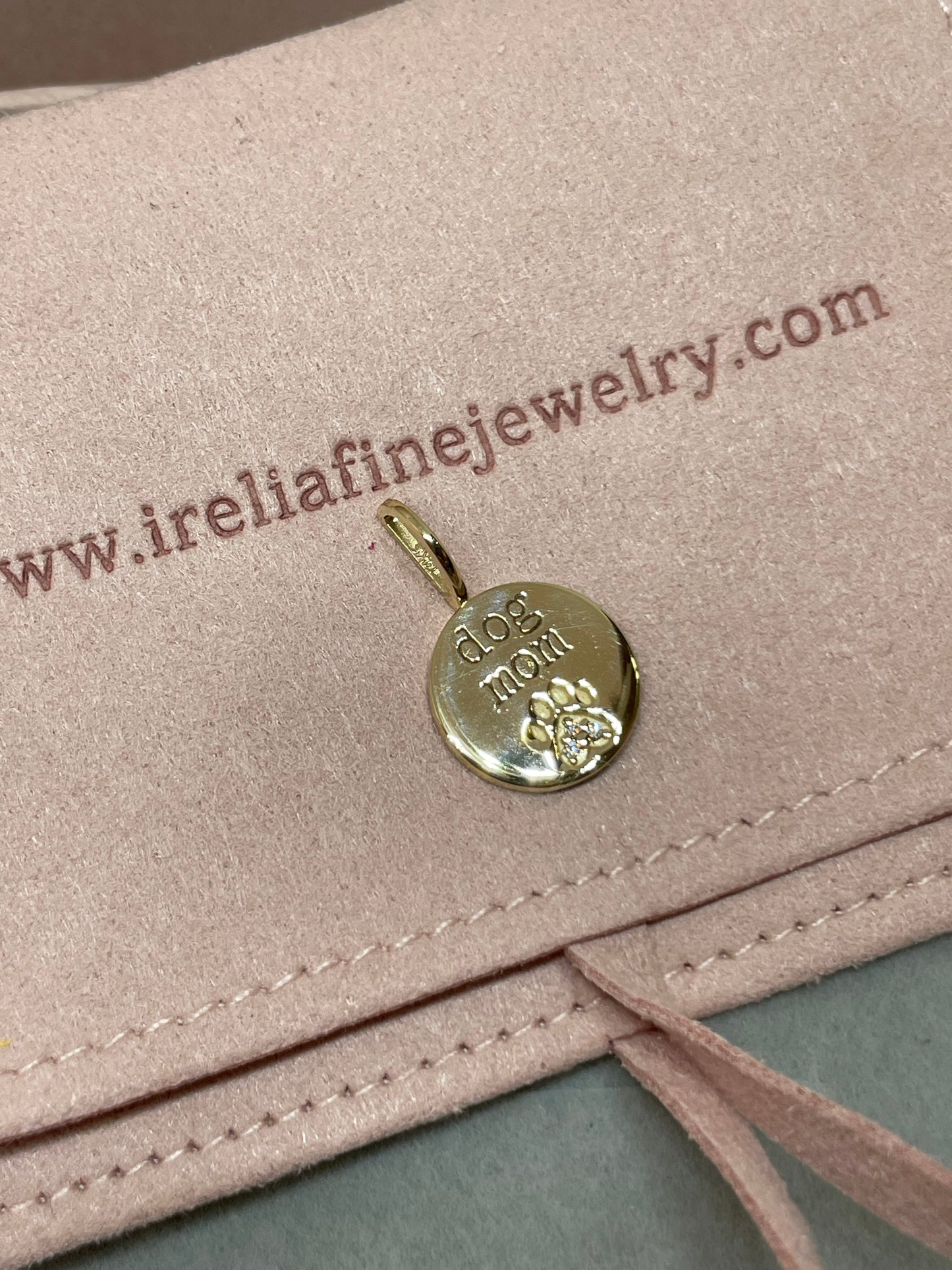 14K Yellow Gold Dog Mom Paw Pendant , .01 carat natural Diamonds