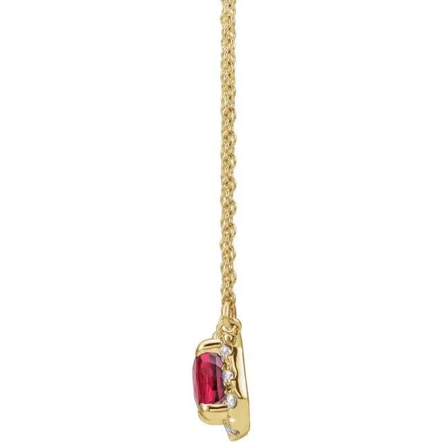 14K Yellow Gold Lab Grown Ruby Size 6x4 mm & 1/5 CTW Natural Diamond, 18" Necklace