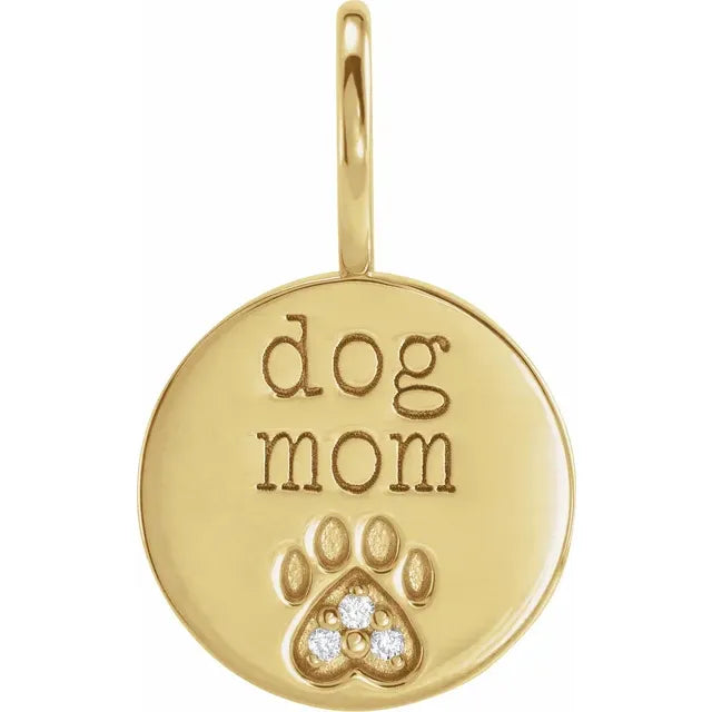 14K Yellow Gold Dog Mom Paw Pendant , .01 carat natural Diamonds