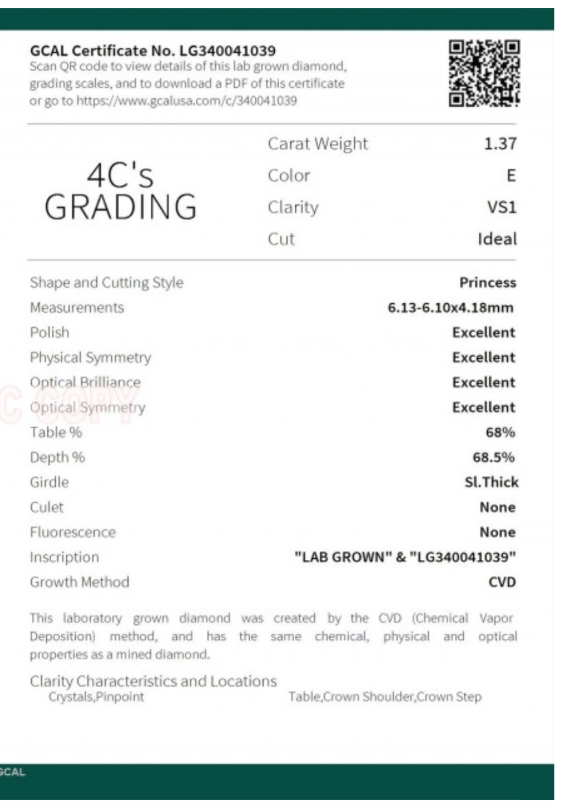 1.37 Lab Grown Princess Cut Diamond , Color E , Clarity VS2 - GCAL LG340180637 IDEAL + Triple Excellent