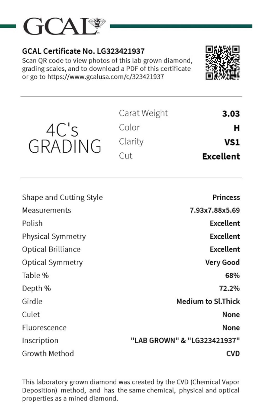 3.00 Lab Grown Princess Cut Diamond 