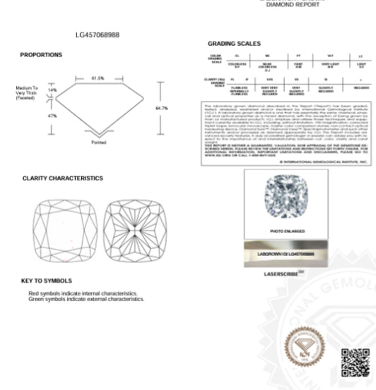 2.03 Lab Cushion Cut Diamond , Color G , Clarity VS2  Excellent and Excellent ,