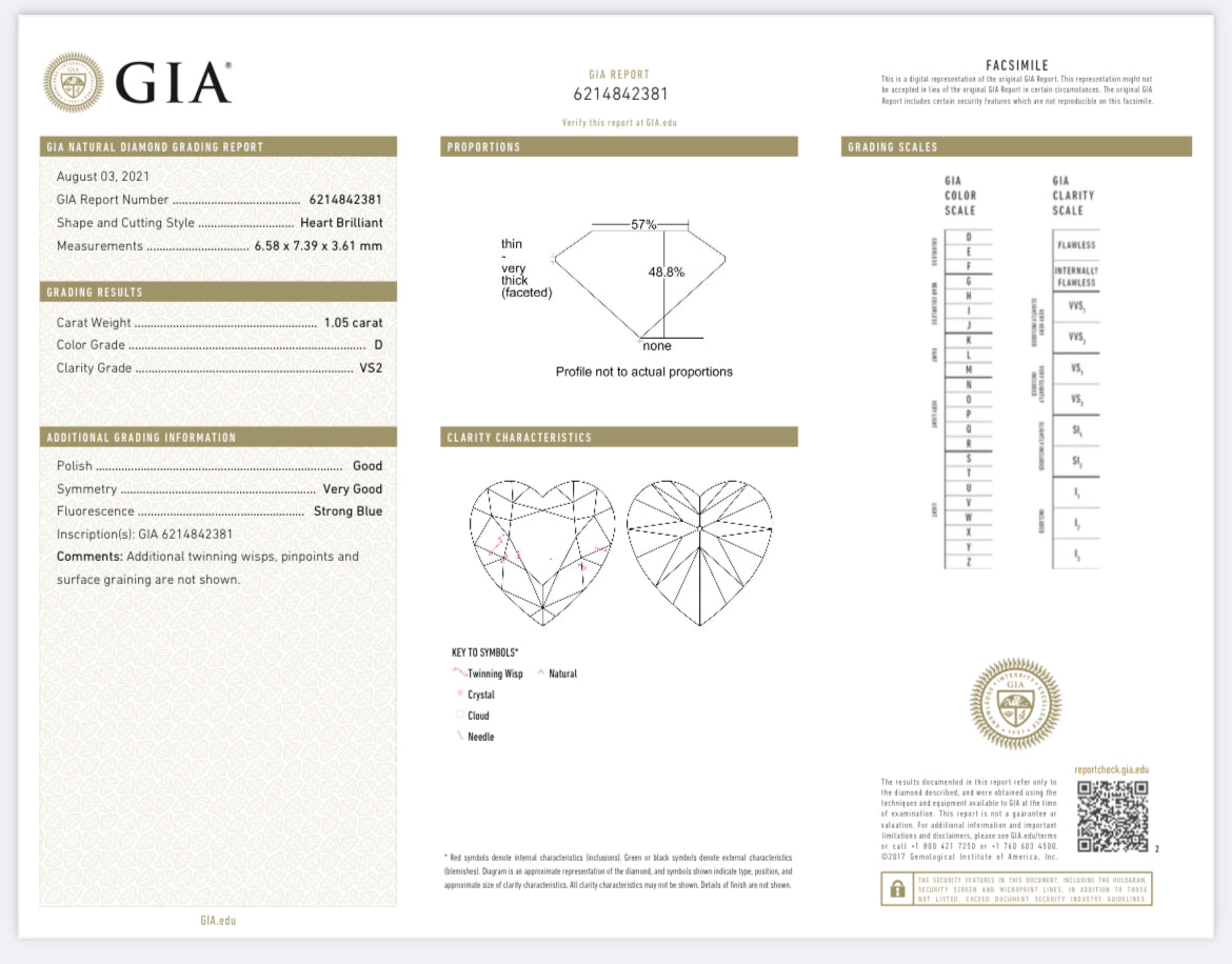 1.05 carat Natural Heart Diamond , Color D , Clarity VS1 GIA 6214842381