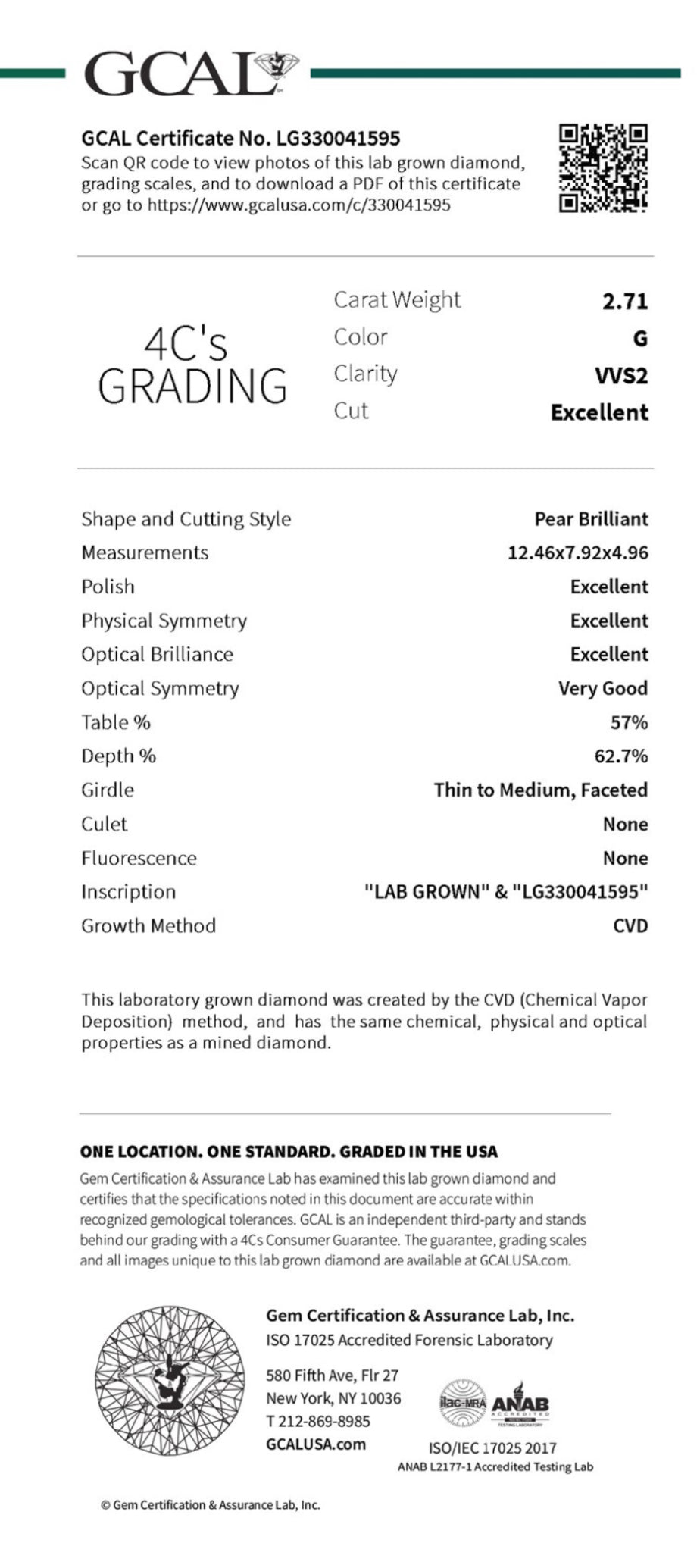 PEAR 2.70 Lab Grown Diamond , Color G , Clarity VVS2, IGI Certificate LG330041526