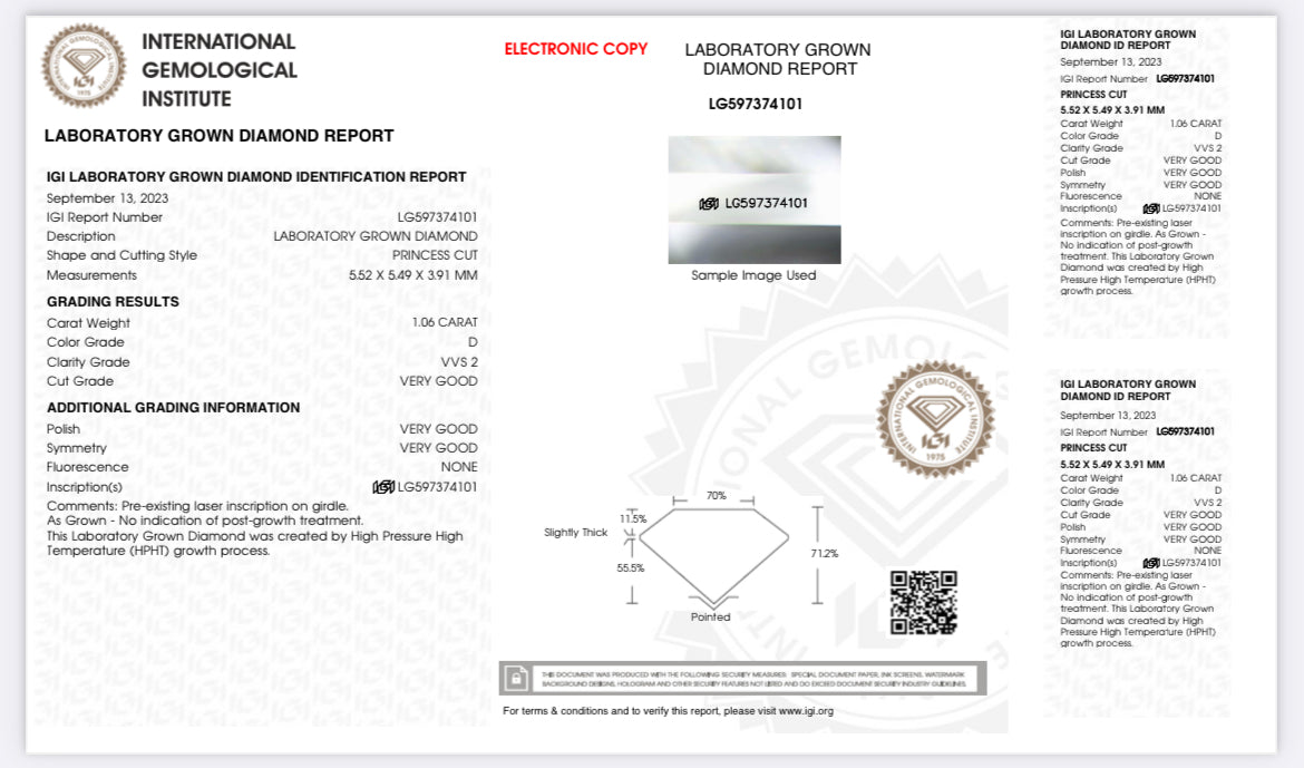 1.06 Lab Grown Princess Cut Diamond , Color D , Clarity VVS2 - GCAL  LG597374101