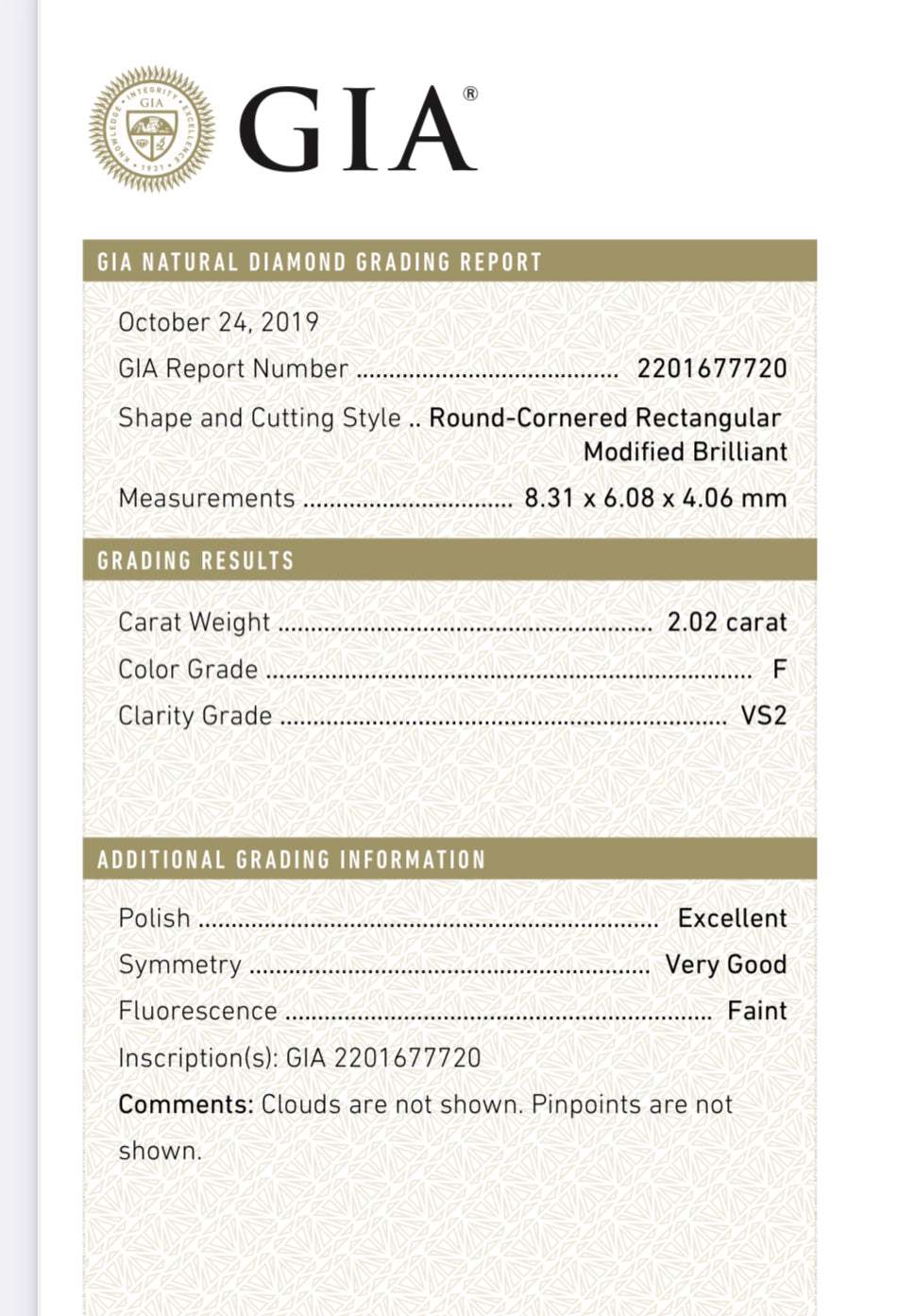 2.02 carat Cushion Natural Diamond , Color F, Clarity  VS2 , GIA 2201677720 - Crisscut  Total PRICE $26,932 / DEPOSITED NEEDED