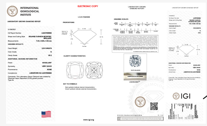 2.03 Lab Cushion Cut Diamond , Color G , Clarity VS2  Excellent and Excellent ,