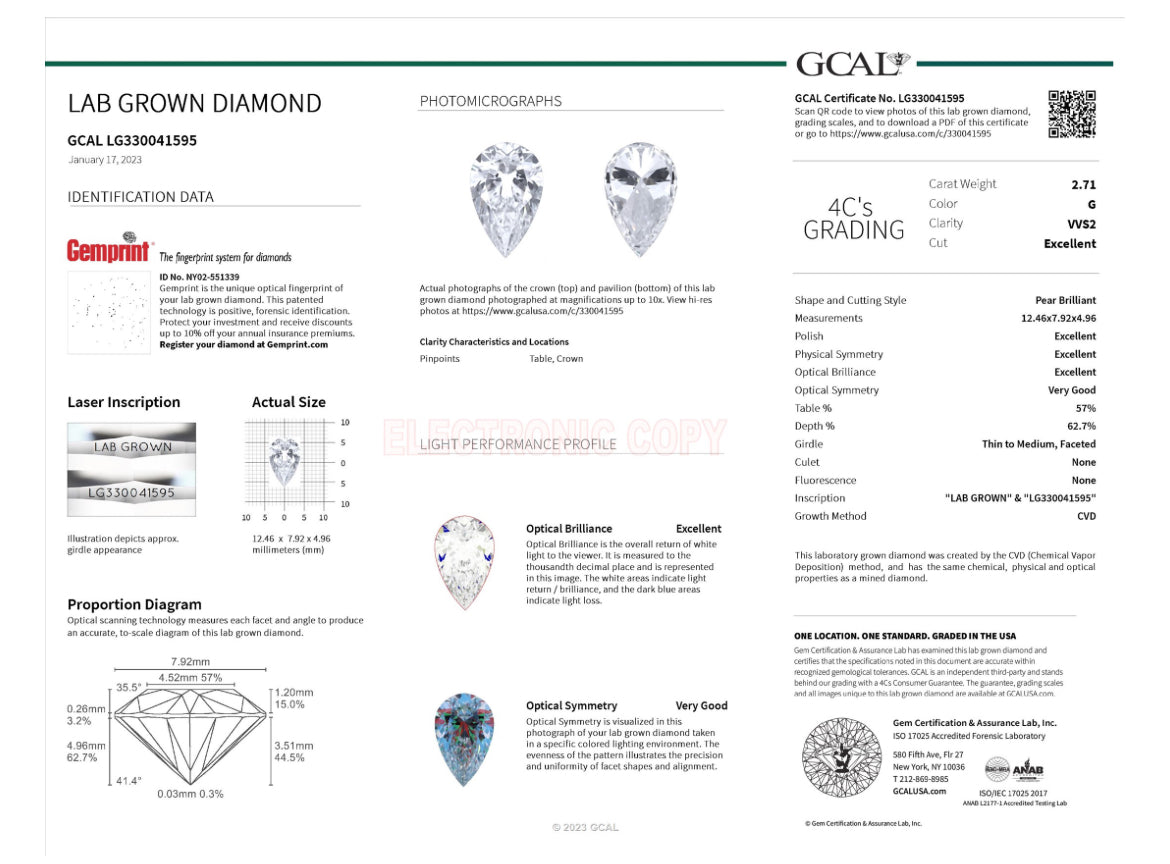 PEAR 2.70 Lab Grown Diamond , Color G , Clarity VVS2, IGI Certificate LG330041526