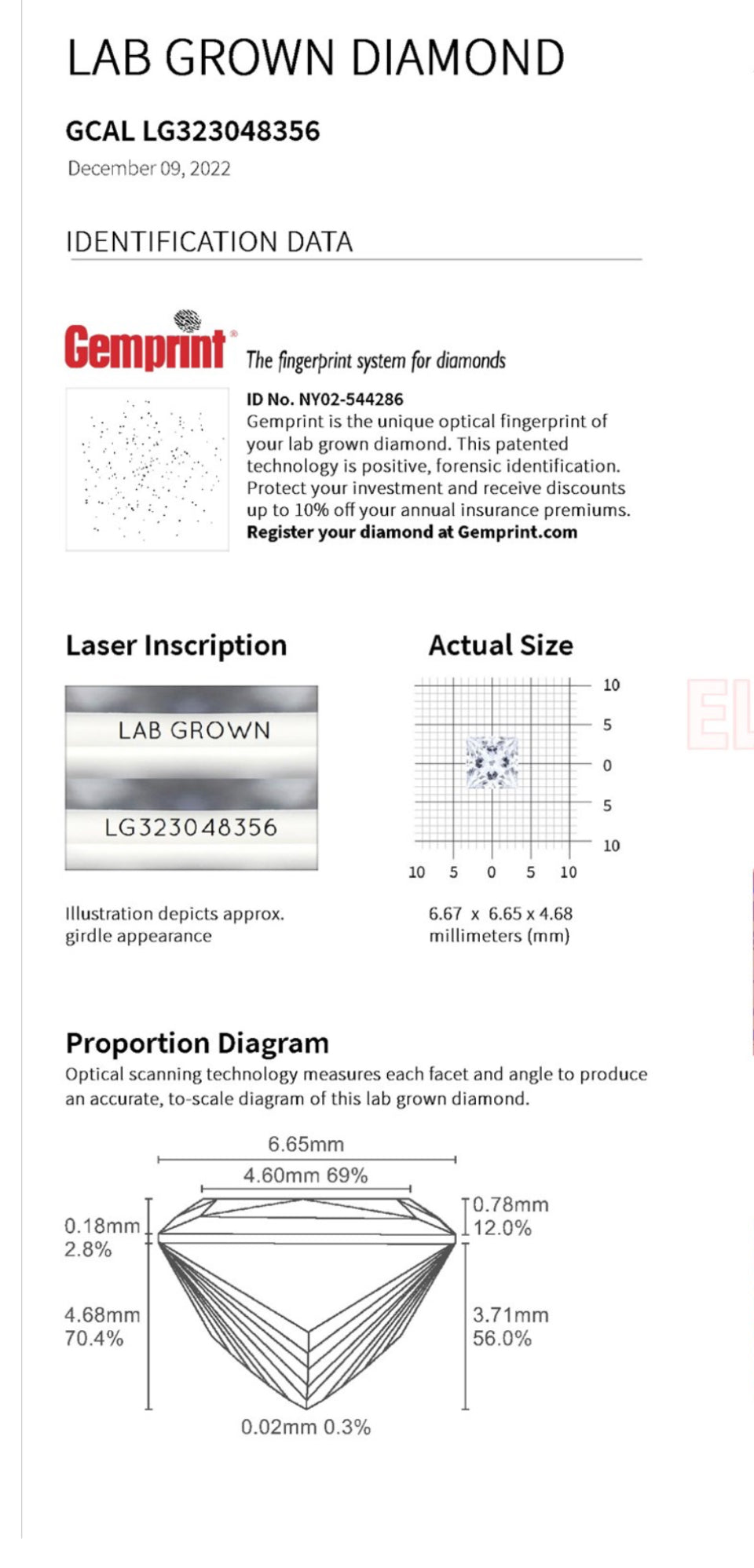1.76 Lab Grown Princess Cut Diamond , Color D , Clarity VS1 -GCAL LG323048356 + Triple Excellent
