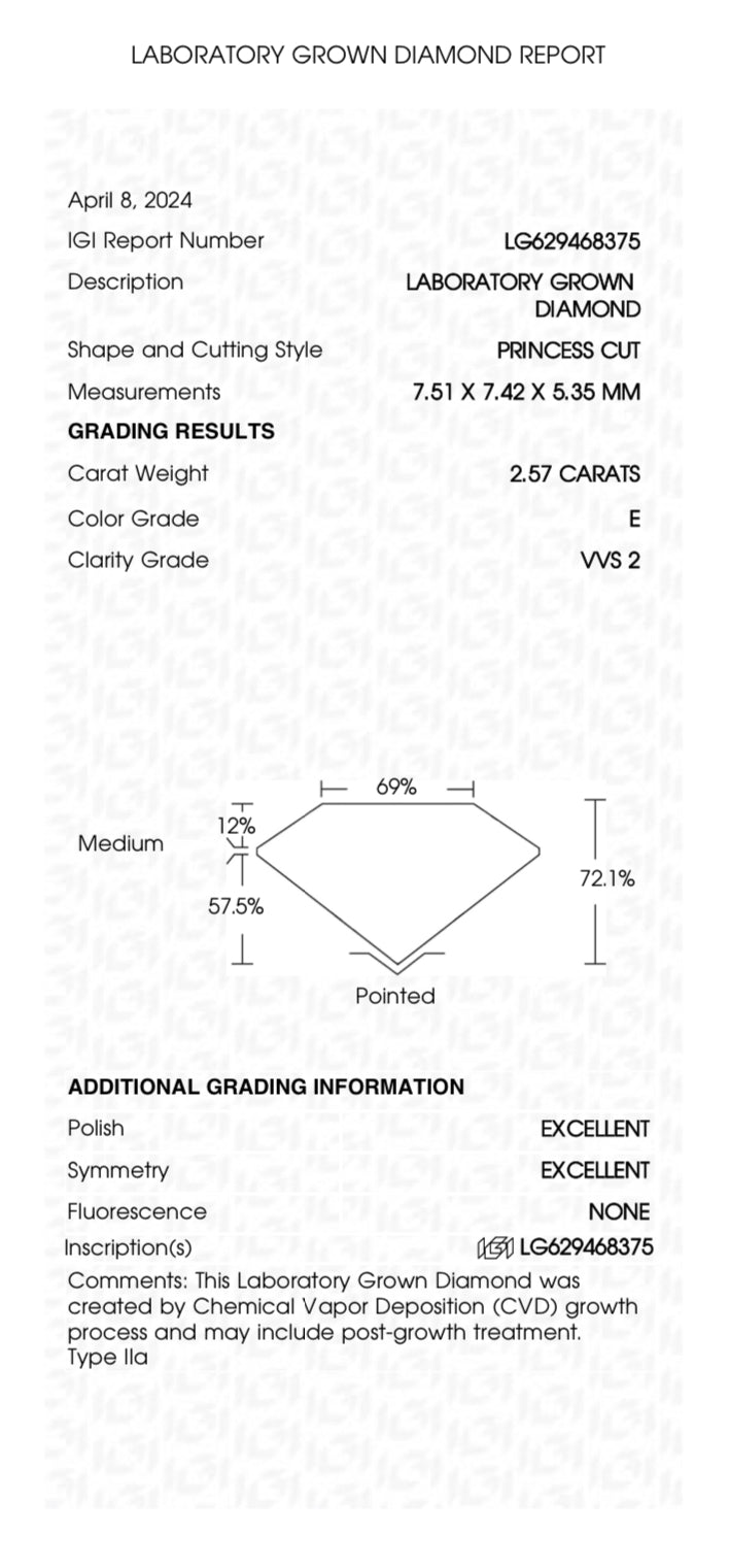 2.57 Lab Grown Princess Cut Diamond , Color E , Clarity VSS2 - LG629468375 - EXCELLENT EXCELLENT