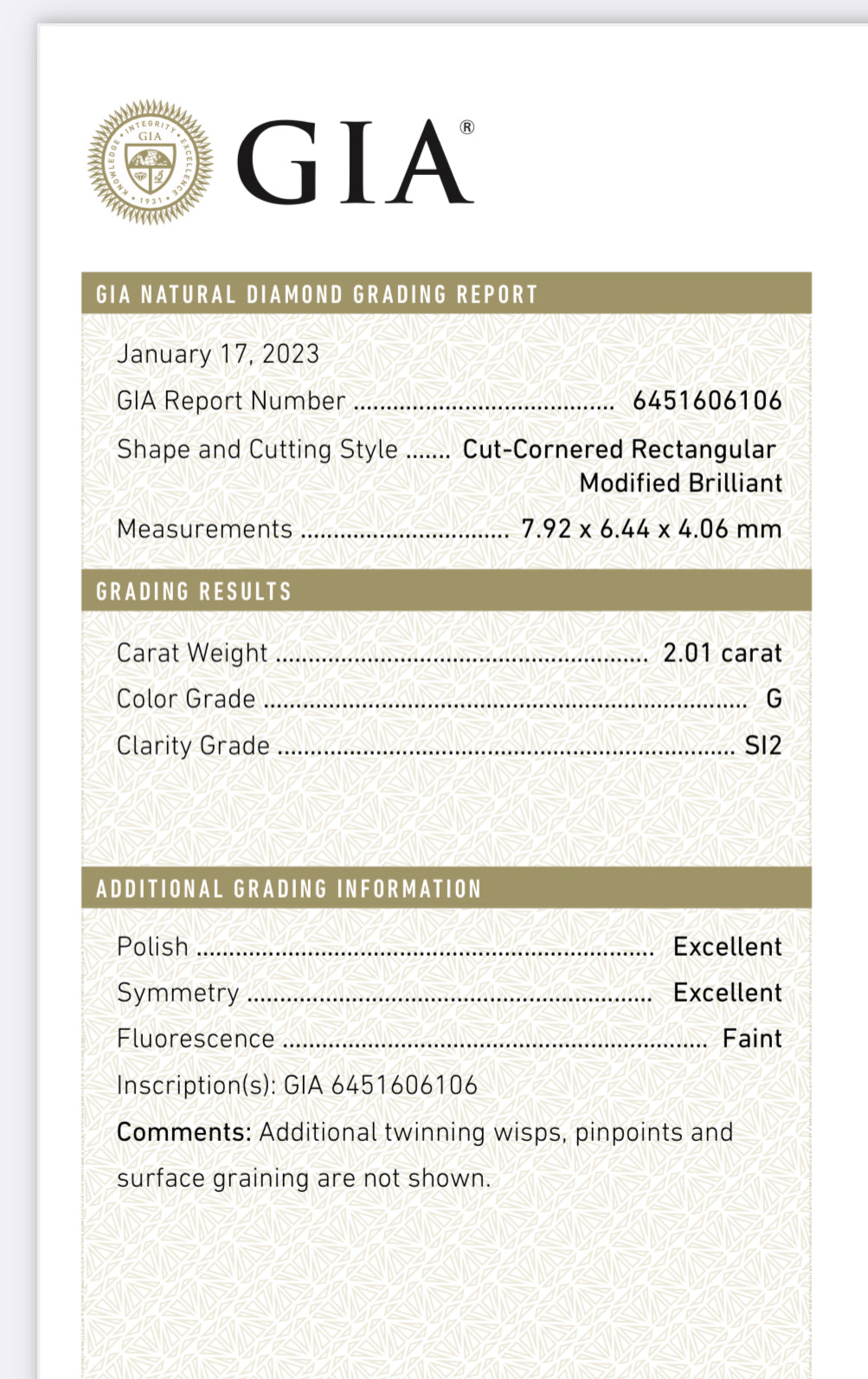 2.01 carat Radiant Cut Natural Diamond Color G Clarity SI2 GIA 6451606106 / Available in Showroom Total PRICE $16,985.00/ DEPOSITED REQUESTED