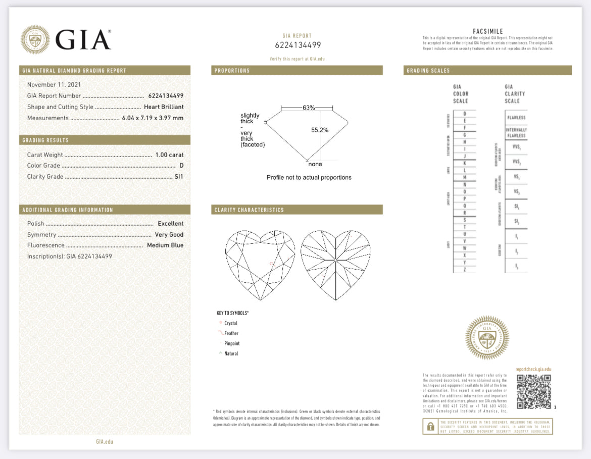 1.00 carat Natural Heart Diamond , Color D , Clarity SI1 - GIA 624134499