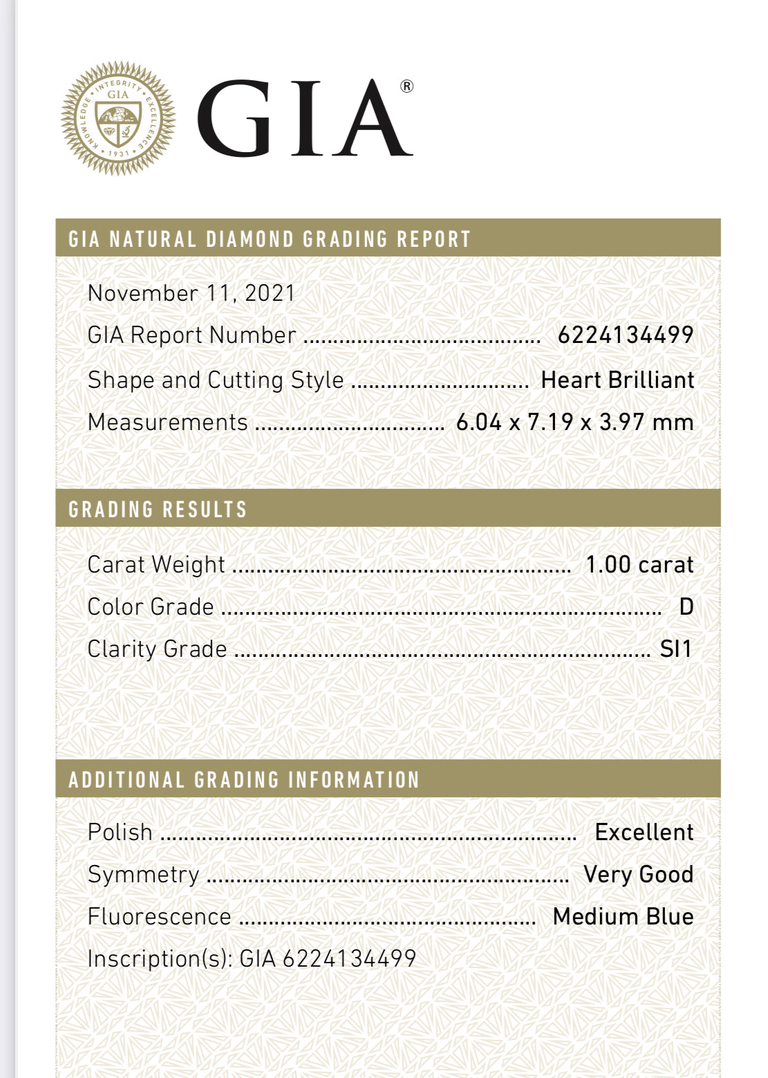 1.00 carat Natural Heart Diamond , Color D , Clarity SI1 - GIA 624134499
