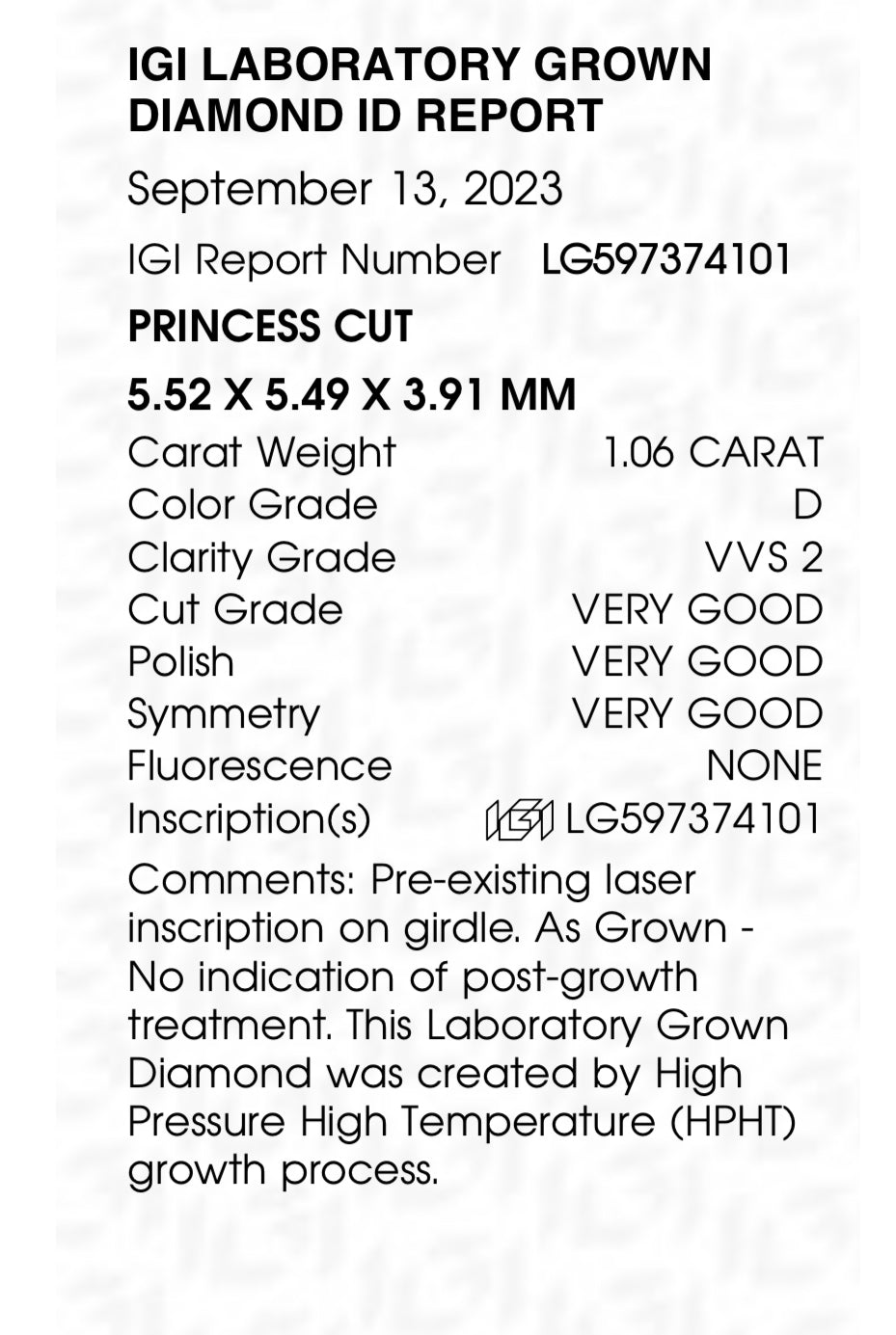 1.06 Lab Grown Princess Cut Diamond , Color D , Clarity VVS2 - GCAL  LG597374101