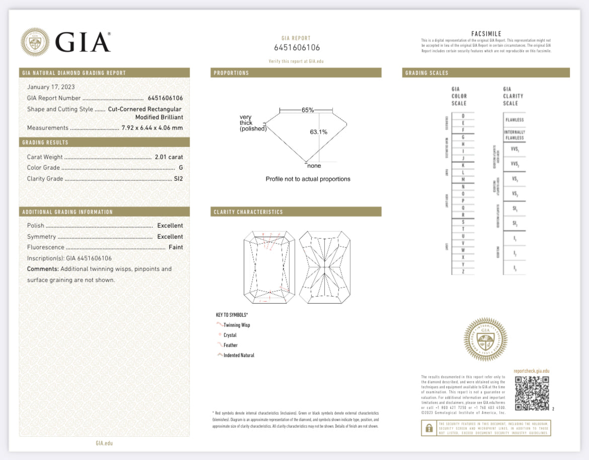 2.01 carat Radiant Cut Natural Diamond Color G Clarity SI2 GIA 6451606106 / Available in Showroom Total PRICE $16,985.00/ DEPOSITED REQUESTED