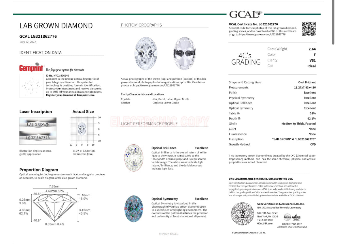 OVAL 2.64 Carat Lab Grown Diamond, Color F , Clarity VS1, LG321862776 Diamond Report- TRIPLE EXCELLENT