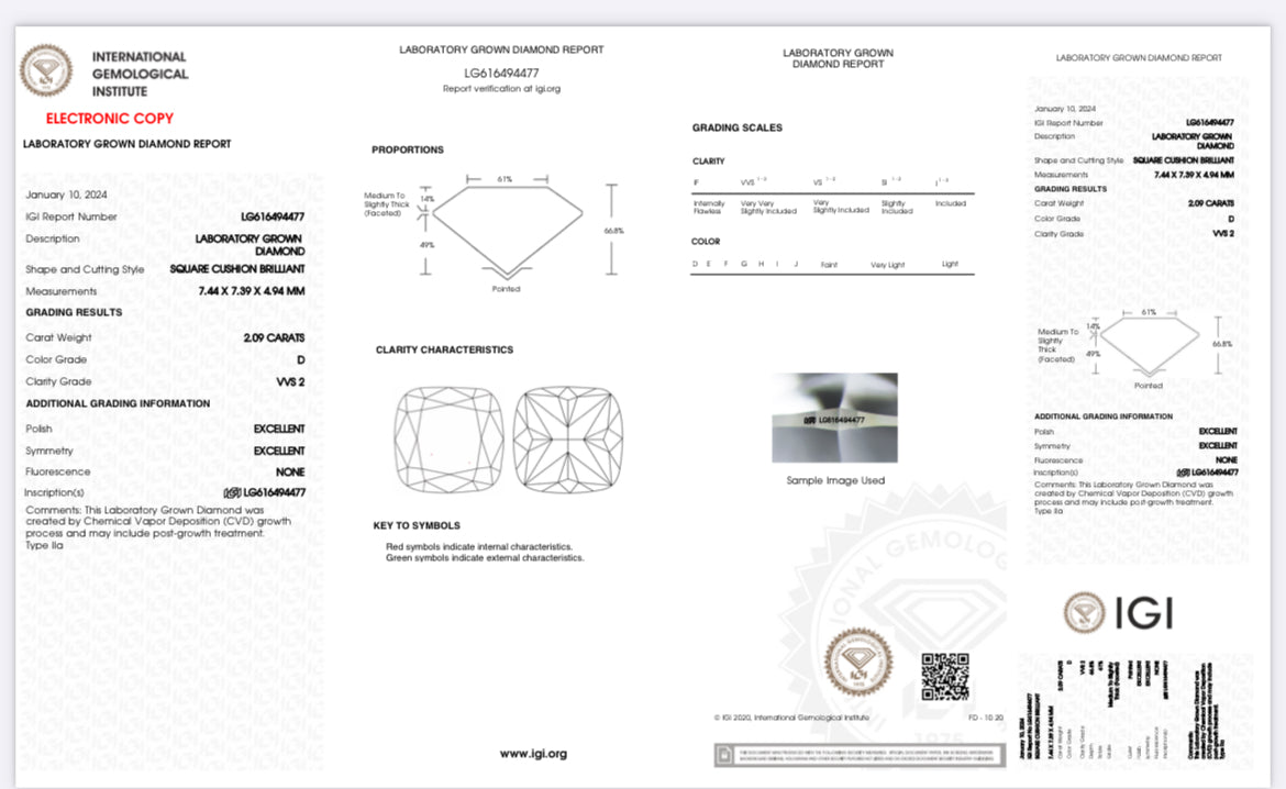 2.09 Lab Cushion Cut Diamond , Color D , Clarity VVS2  Excellent and Excellent , Certificate IGI 616494477