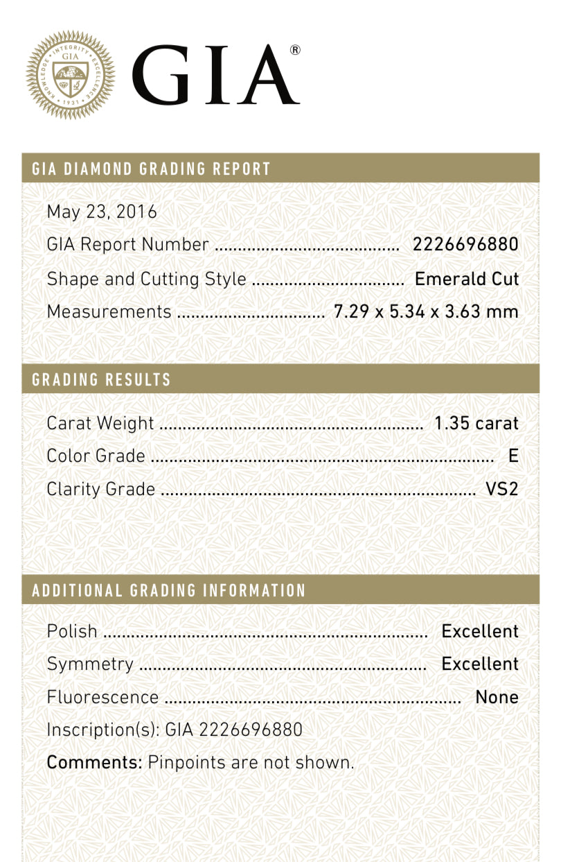 1.35 Natural emerald cut Diamond , Color E , Clarity VS2 GIA 2226696880