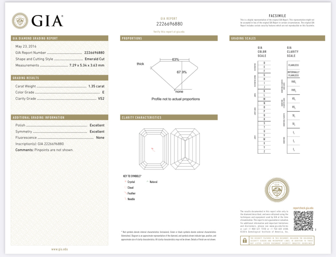 1.35 Natural emerald cut Diamond , Color E , Clarity VS2 GIA 2226696880